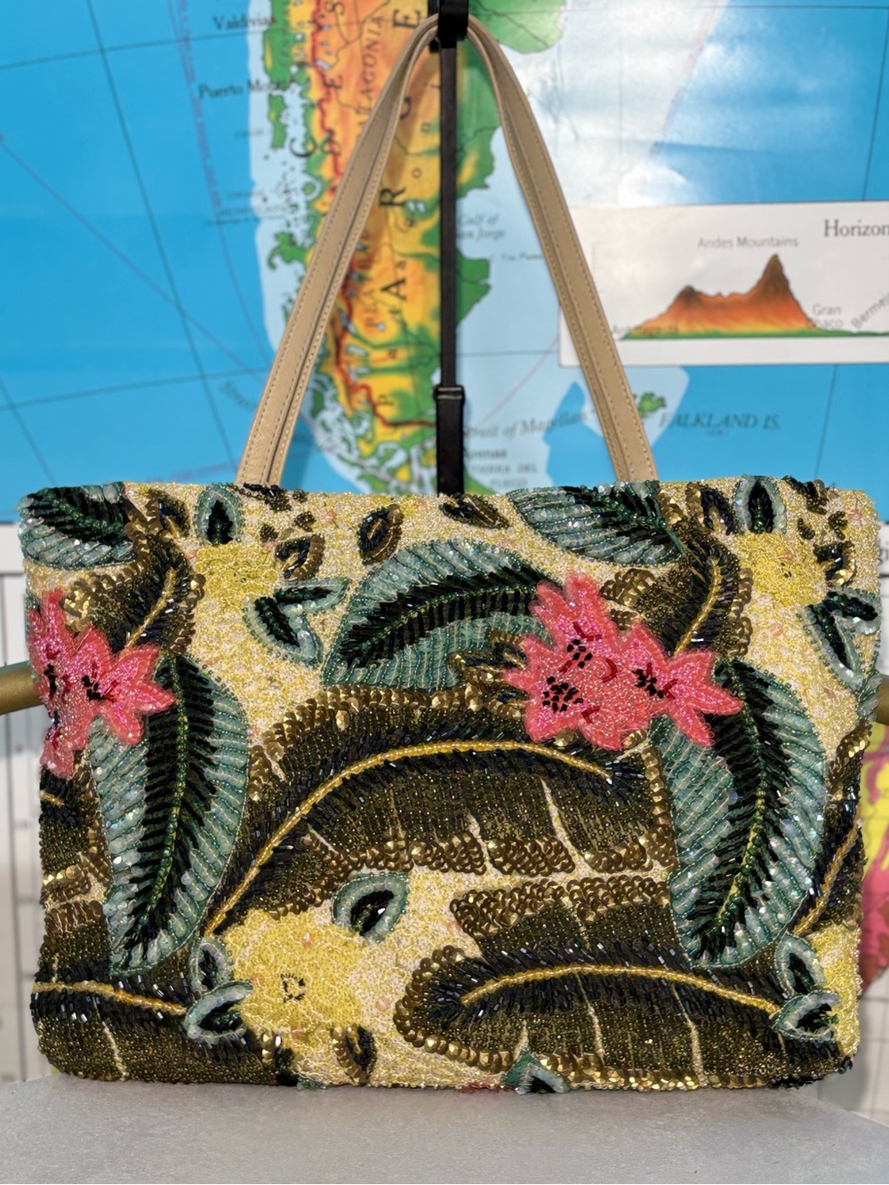 VTG 90s Christiana Hand Beaded Tropical Floral Silk Tote Bag - Rare
